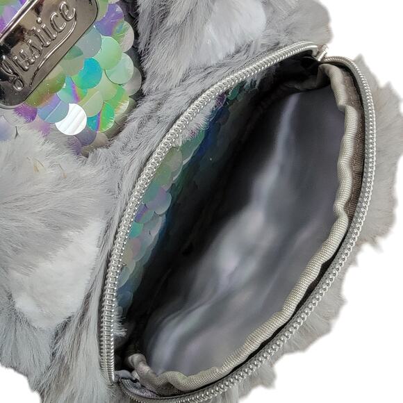 Justice Husky Mini Backpack Silver Sequin Plush Pom Pom Double Handle Gift Dog - Picture 8 of 9